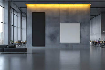 Poster - Modern office interior with large windows, concrete wall, and blank canvases.