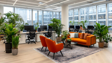 Poster - Modern office interior with plants, orange chairs, and desks.