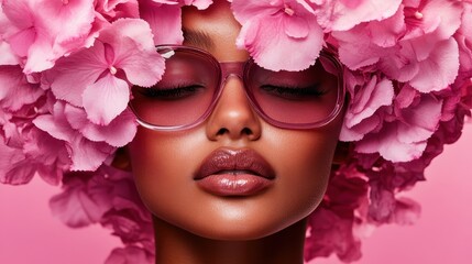 Wall Mural - A fashionable model wearing oversized pink glasses and floral headwear exudes a sense of bold style and creativity through vibrant and artistic expression.