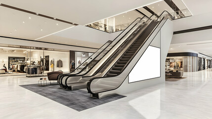Poster - Modern shopping mall interior with escalators and blank billboard.