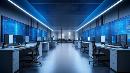 Poster - Modern tech office at night with computer screens displaying code.