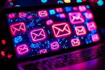 Poster - Neon email icons glow on laptop screen.