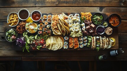 Sticker - Colorful Delicious Food Platter with Tacos Sushi and Dips, Culinary Feast, Wooden Table Spread, Gourmet Meal