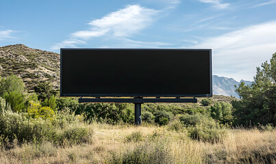 Big empty mockup Billboard along a highway with forest on background of blue sky with beautiful clouds