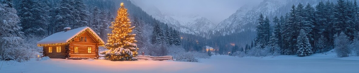 Poster - Snowy landscape with a lit Christmas tree by a cozy cabin in a winter wonderland