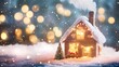 © Thirakun - Small rustic house in winter with smoke rising from the chimney and a glowing Christmas tree inside