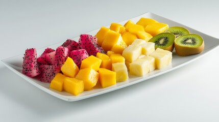 Sticker - Colorful fruit platter, dragon fruit mango pineapple kiwi slices, fresh vibrant healthy food, fruit slices, tropical fruits