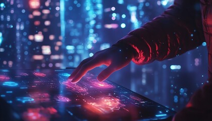 Poster - Man using a digital tablet to touch human icons, futuristic skyline in the background, datadriven tech, modern digital interface, glowing visuals