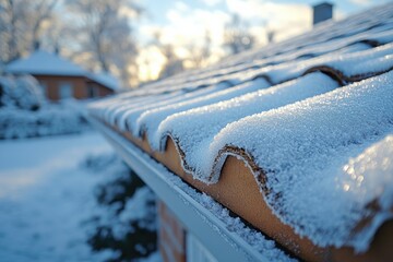 Poster - Snow covers roof during winter repairs in a quiet neighborhood at sunset