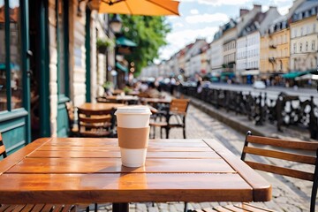 Wall Mural - Empty cozy outdoor table cafe terrace with copy space.