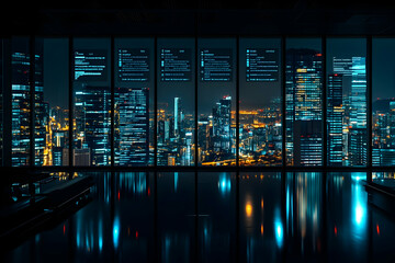 Poster - Night cityscape view from modern office with digital data overlay on windows.