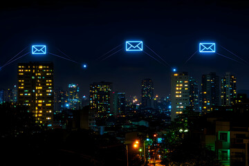 Poster - Night cityscape with glowing email icons connecting buildings.