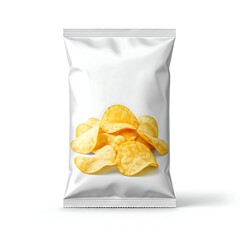 Wall Mural - White snack bag package mockup with potato chips pattern isolated on white background, product mockup packaging design, food and snack