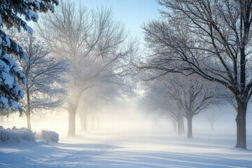 Poster - Winter mists create a serene atmosphere among frosted trees at dawn