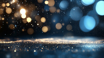 Poster - Bokeh lights shimmering on a dark blue background creating a magical atmosphere