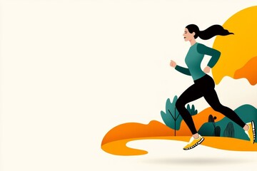 Aufkleber - A clean, flat design of a woman running, with a simple, curved line representing a path and soft pastel tones
