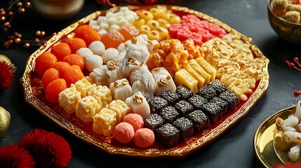 Wall Mural - A festive red and gold tray filled with an assortment of Chinese New Year sweets and snacks, such as candied fruits and melon seeds 