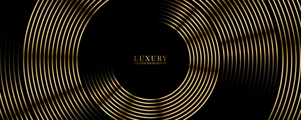 Poster - 3D golden luxury abstract background overlap layer on dark space with circles lines decoration. Modern graphic design element stripes style concept for web banner, flyer, card, or brochure cover