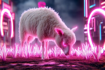 Poster - A cyberpunk-inspired scene with a ewe grazing on neon-colored plants in a futuristic, glowing field