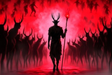 Poster - A dark sorcerer standing before an army of shadowy creatures, his staff glowing with an eerie red light