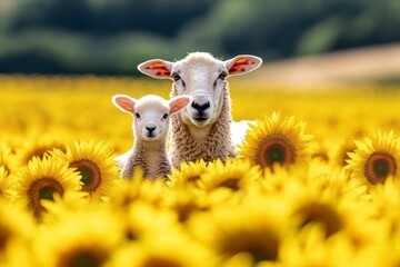 a ewe and her lamb exploring a patch of bright sunflowers in a rural farm field