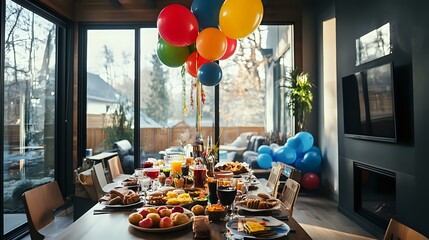 Modern house New Year gathering with large bay windows, colorful balloons and a vibrant party table filled with gourmet snacks and drinks