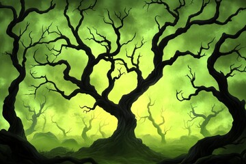Poster - A gothic depiction of a haunted forest glowing with eerie green light, with shadowy creatures lurking among twisted trees