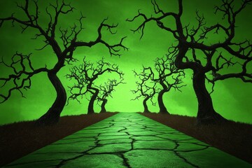 Poster - A gothic depiction of a haunted forest glowing with eerie green light, with shadowy creatures lurking among twisted trees