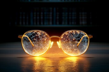 Poster - A haunting scene of eyeglasses lying abandoned in a shadowy library, with cobwebs and a mysterious glowing light illuminating the lenses
