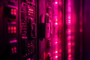 Poster - Padlock on a control panel with pink neon lights.