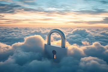 Poster - Padlock sits atop fluffy clouds at sunset, symbolizing cloud security.