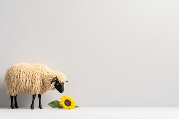 Aufkleber - A minimalist depiction of a ewe grazing near a single sunflower in a clean, white background setting