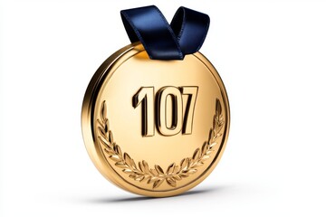 Poster - A minimalist depiction of a gold medal with a ribbon, rendered in clean lines and vibrant colors on a white background