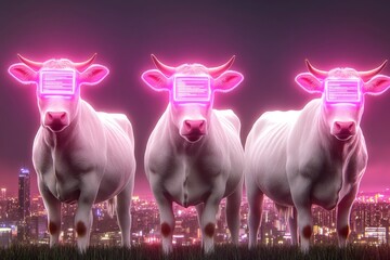 Poster - A neon-lit cyberpunk farm where robotic systems manage cattle and ewes, with glowing collars tracking their health and holographic displays projecting data in a futuristic cityscape
