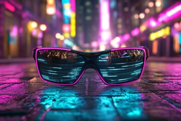Aufkleber - A neon-lit cyberpunk vision of eyeglasses with glowing frames, displaying holographic data in a bustling, futuristic cityscape