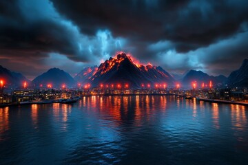 Poster - A peaceful village set in a valley under a floating mountain, with mystical lights glowing in the distance
