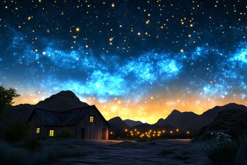 Poster - A peaceful village set in a valley under a floating mountain, with mystical lights glowing in the distance