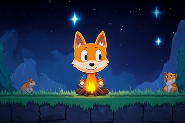 Poster - A pixel art adventure scene of a character camping under the stars, with a crackling fire and animated wildlife adding to the nostalgic, retro-game feel