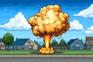 Aufkleber - A pixel art explosion in a retro video game setting, with blocky flames and smoke animated in vibrant pixelated patterns