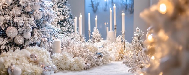 Wall Mural - Christmas table decoration with burning candles and white christmas trees