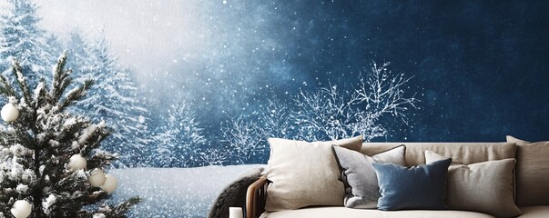 Wall Mural - Christmas tree and cozy sofa during a snowfall at twilight