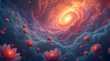 Poster - An abstract and surreal image of a vibrant orange and red formation resembling a blooming flower. The structure is composed of swirling, tendril-like shapes