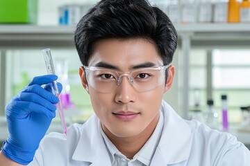 Poster - A young scientist wearing safety eyeglasses while conducting an experiment in a brightly lit lab