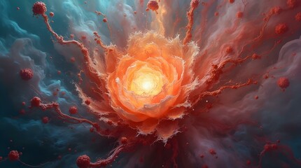 Poster - An abstract and surreal image of a vibrant orange and red formation resembling a blooming flower. The structure is composed of swirling, tendril-like shapes