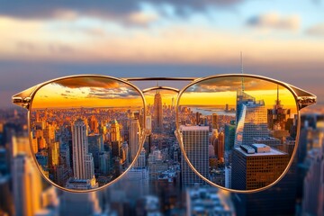 Poster - An ultra-detailed close-up of eyeglasses reflecting a vivid cityscape, with intricate textures on the frame and lenses capturing light perfectly