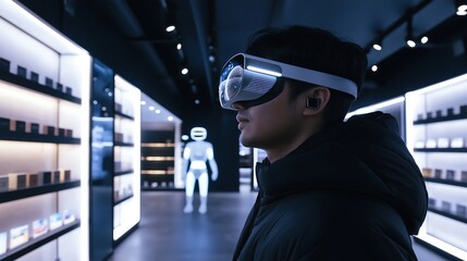A customer using augmented reality glasses to shop in a high-tech retail store. The individual interacts with holographic product displays