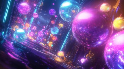 Fototapete - A vibrant digital art scene of glowing multicolored spheres connected by neon lines, creating a futuristic network.