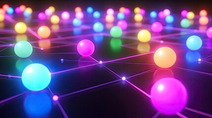 Fototapete - A vibrant digital art scene of glowing multicolored spheres connected by neon lines, creating a futuristic network.