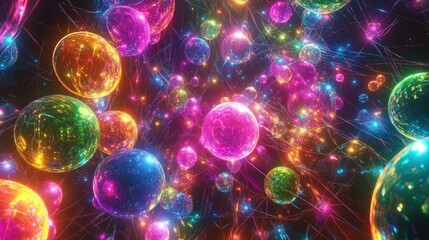Fototapete - A vibrant digital art scene of glowing multicolored spheres connected by neon lines, creating a futuristic network.