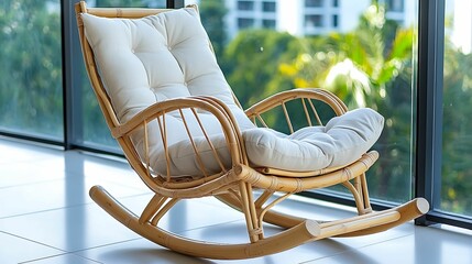 Bamboo eco-friendly furniture. A stylish, modern rocking chair with a cushioned seat, placed near large windows, surrounded by greenery, offering a cozy, relaxing atmosphere.